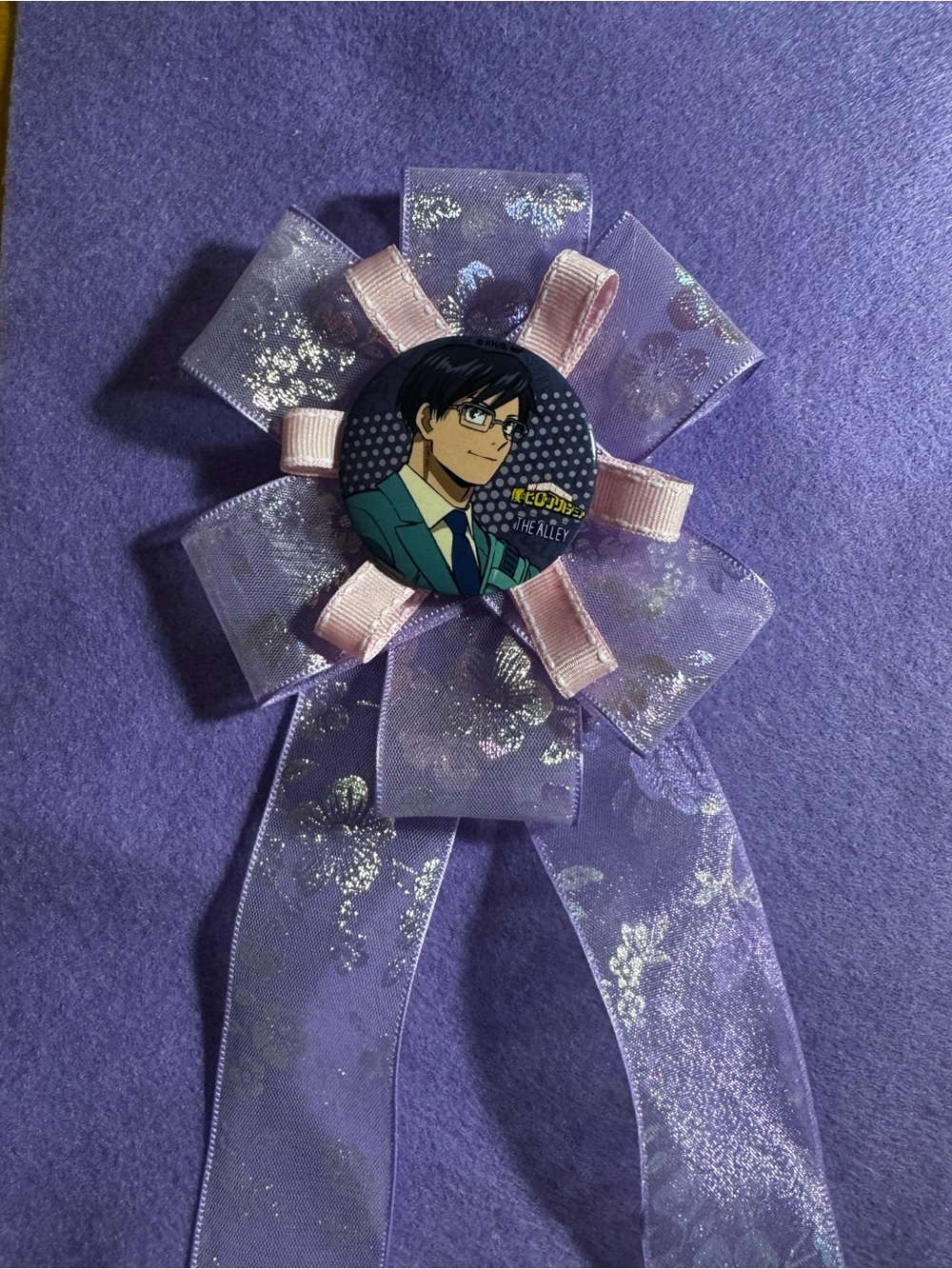 Anime Character (MHA Iida) Lavender Ribbon Brooch with Pink Accent